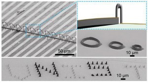 These photos provided by Park and his research team illustrate the product of 3D printing curved and flexible circuits on a nanoscale. (Courtesy of UNIST)
