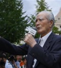 Japan's former Prime Minister Tomiichi Murayama speaks during a rally in front of the National Diet building in Tokyo, Thursday, July 23, 2015. Protesters gathered outside parliament, opposing a set of controversial bills intended to expand Japan’s defense role at home and internationally. (AP Photo/Shizuo Kambayashi)
