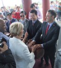 Community leaders, including City Councilman David Ryu, second from right, attend an Independence Day event at the Korean Bell of Friendship in San Pedro Saturday morning. (Kim Hyung-jae/Korea Times)