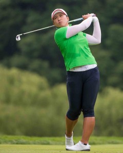 Amy Yang of South Korea tees off on the 17th during the first round of the U.S. Women's Open golf championship Thursday, July 9, 2015, in Lancaster, Pa. Yang finished the day 3-under par.  (Jeff Lautenberger /York Daily Record via AP) 