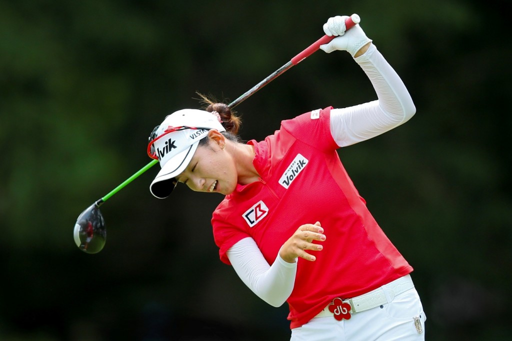 Chella Choi, of South Korea, reacts to her tee shot on the 18th hole during the final round of the Marathon Classic golf tournament at Highland Meadows Golf Club in Sylvania, Ohio, Sunday, July 19, 2015. Chella Choi won the tournament on the first playoff hole. (AP Photo/Rick Osentoski)