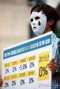 A protester rallies in front of the Korea Employers Federation building in Seoul on June 22, 2015, demanding the federation withdraw its decision to freeze the minimum wage for next year. The minimum wage for this year was set at 5,580 won per hour, a 7.1 percent rise from 2014. (Yonhap)