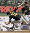 Pittsburgh Pirates' Jung Ho Kang (27) watches as teammate Jordy Mercer (10) collides with Milwaukee Brewers' Carlos Gomez during the second inning of a baseball game Sunday, July 19, 2015, in Milwaukee. Gomez was out on the play and Mercer left the game on a cart. (AP Photo/Morry Gash)