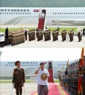 A photo released by the Rodong Sinmum shows North Korean leader Kim Jong-un walking out of his special plane, Chammae-1, on his way to inspect the Air Force's combat training in Wonsan, Gangwon Province. (Yonhap)