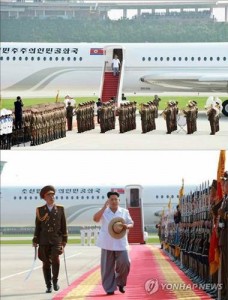 A photo released by the Rodong Sinmum shows North Korean leader Kim Jong-un walking out of his special plane, Chammae-1, on his way to inspect the Air Force's combat training in Wonsan, Gangwon Province. (Yonhap)