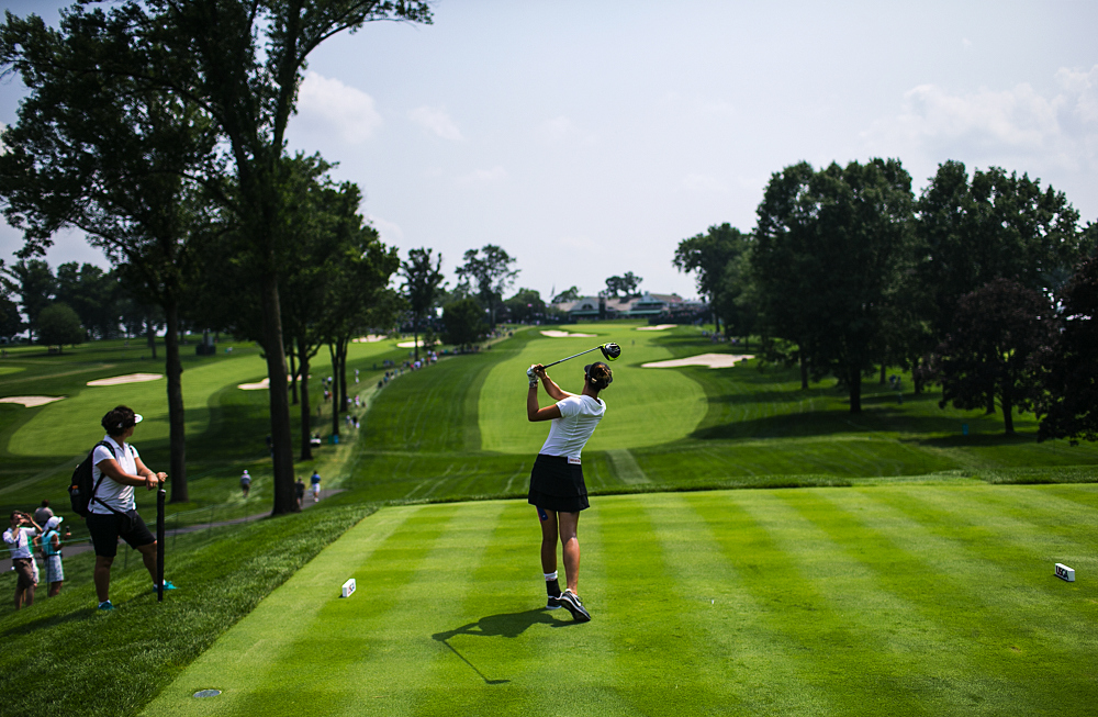 Michelle Wie tees off on the 18th hole during a practice round for the U.S. Women's Open golf tournament Lancaster Country Club, Tuesday, July 7, 2015, in Lancaster, Pa. (Sean Simmers/PennLive.com via AP)