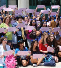 A group of Super Junior fans gathered to support the band at KCON 2015 Saturday outside the Los Angeles Convention Center. (Angelina Widener/Korea Times)