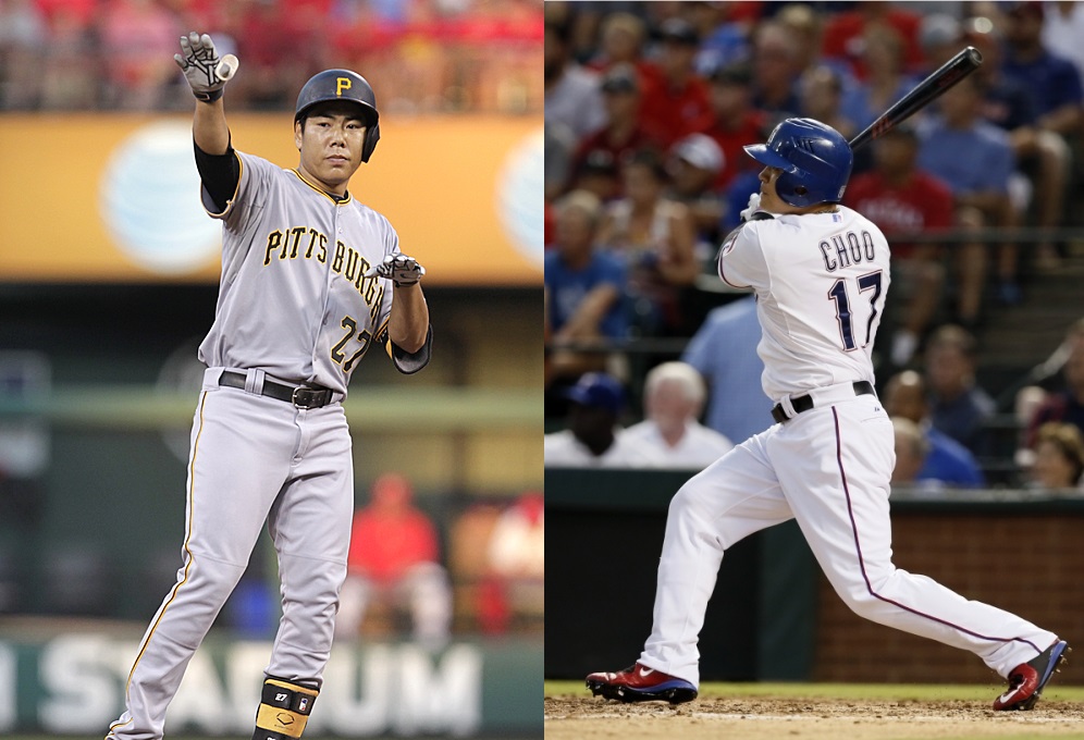 Pittsburgh Pirates infielder Kang Jung-ho, left, and Texas Rangers outfielder Choo Shin-soo (AP Photos)
