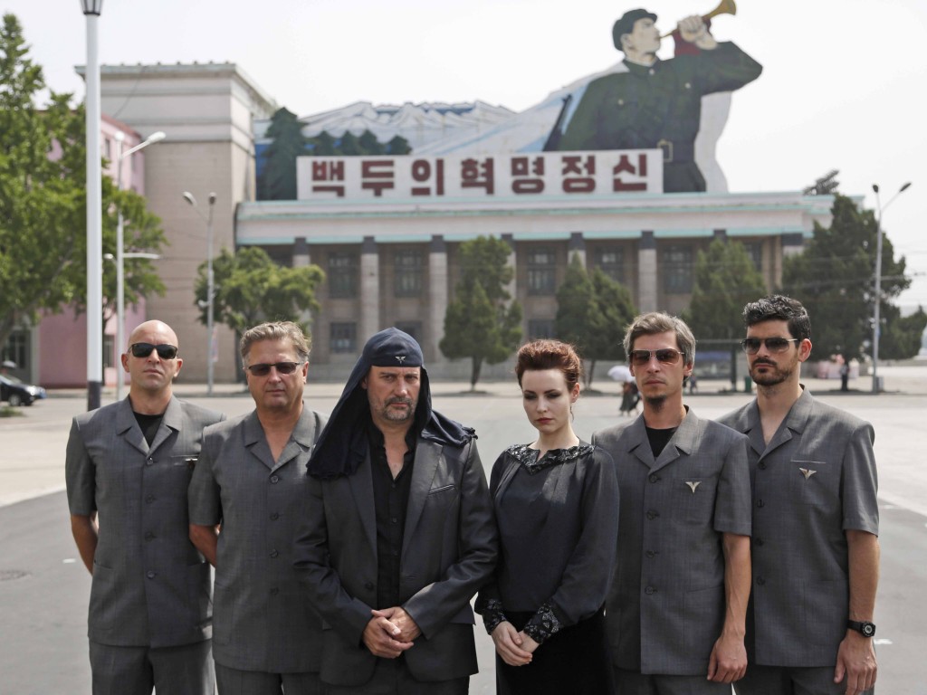 Members of Slovenian rock band Laibach pose during a photo shoot at Kim Il Sung Square prior to their performance in Pyongyang, North Korea, Wednesday, Aug. 19, 2015. It's rare for North Korea to allow modern music from abroad to be performed inside the country. (AP Photo/Dita Alangkara)