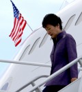 President Park Geun-hye gets out of the plane and walks down the stairs. (Yonhap)