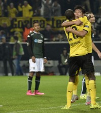 Dortmund's scorer Park Joo-ho, right, celebrates with teammate Adrian Ramos after his decisive goal during his Europa League group C match against FC Krasnodar in Dortmund, Germany, Thursday. (AP)