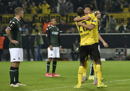 Dortmund's scorer Park Joo-ho, right, celebrates with teammate Adrian Ramos after his decisive goal during his Europa League group C match against FC Krasnodar in Dortmund, Germany, Thursday. (AP)