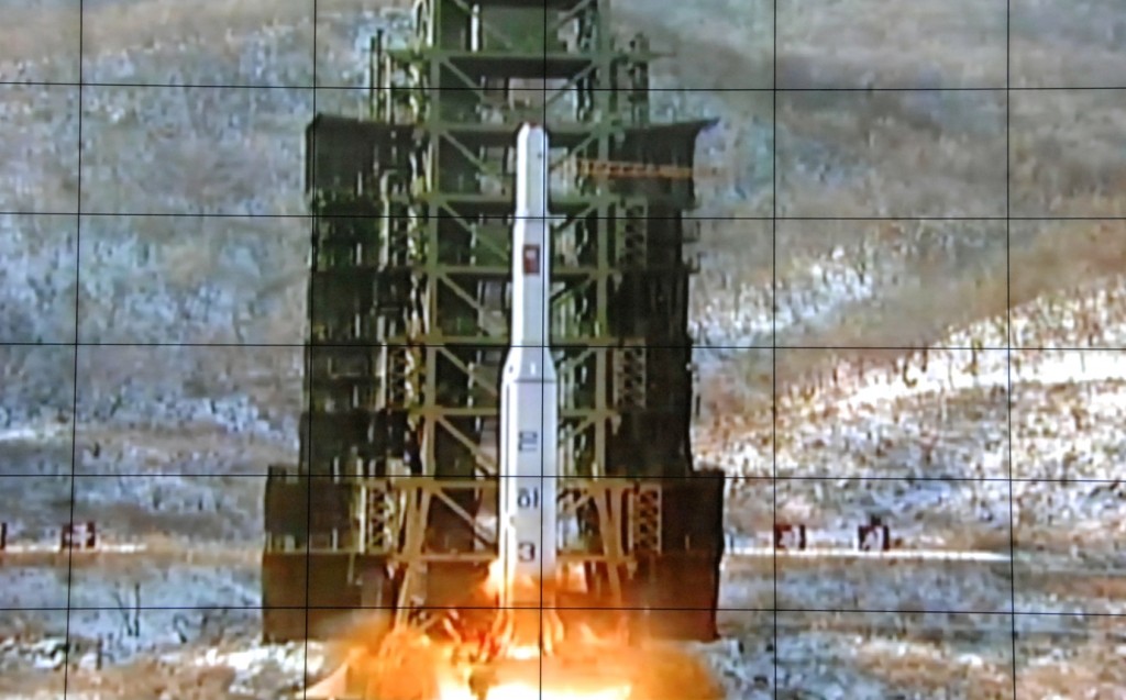 This December 2012 photo, released by North Korea's official Korean Central News Agency, shows North Korea's Unha-3 rocket being fired from the Sohae Satellite Launching Station in Cholsan, North Pyongan Province. North Korea said on Sept. 14, 2015, that it plans to launch a rocket at a time of its choosing as it has the right to conduct space research, cementing speculation over a provocation by the country around Oct. 10, the 70th anniversary of the founding of the Workers' Party. (Yonhap)  