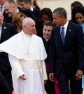 ope Francis talks with President Barack Obama, accompanied by first lady Michelle Obama, after arriving at Andrews Air Force Base in Md., Tuesday, Sept. 22, 2015. The Pope is spending three days in Washington before heading to New York and Philadelphia. This is the Pope's first visit to the United States. (AP Photo/Susan Walsh)