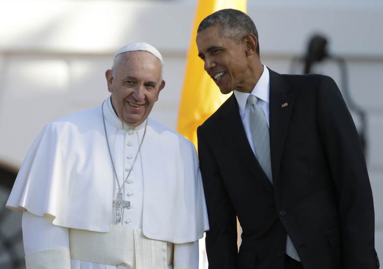 President Barack Obama leans over to talk to Pope Francis during a state arrival ceremony on the South Lawn of the White House in Washington, Wednesday, Sept. 23, 2015. (AP Photo/Pablo Martinez Monsivais)