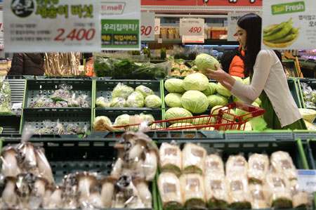 A woman shops for groceries at a discount store in Seoul in this file photo. (Korea Times file) 
