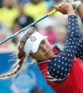 United States' Alison Lee tees off in the singles matches on Day3 of the Golf Solheim Cup in St.Leon-Rot, Germany, Sunday, Sept. 20, 2015.(AP Photo/Michael Probst)