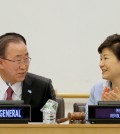 United Nations Secretary General Ban Ki-moon, left, talks with South Korea president Park Geun-hye during a conference on A New Rural Development Paradigm and the Inclusive Sustainable New Communities Model, Saturday, Sept. 26, 2015, at the United Nations headquarters. (AP Photo/Julie Jacobson)