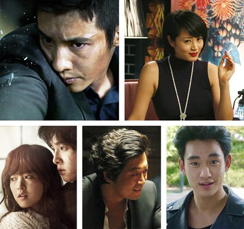 Clockwise, top to right: Won Bin ("Man From Nowhere"), Kim Hye-soo ("Tazza"), Kim Soo-hyun, Kim Yoon-seok ("Tazza"), Park Bo-young and Song Joong-ki ("Werewolf Boy")
