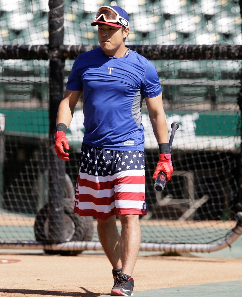 Texas Rangers Shin-Soo Choo of South Korea walks out of the batting cage during a baseball team workout in Arlington, Texas, Tuesday, Oct. 6, 2015. The AL West champion Rangers face the Toronto Blue Jane in the ALDS opener Thursday in Toronto.(AP Photo/LM Otero)