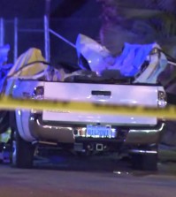 The top of a Toyota Tacoma was sheered off by an airborne car in Hacienda Heights killing two 18-year-olds. (Courtesy of KTLA/Korea Times file)