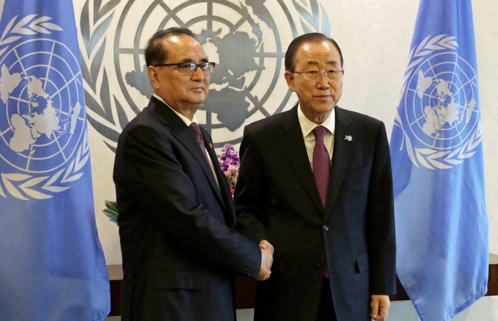 United Nations Secretary-General Ban Ki-moon, right, meets North Korean Foreign Minister Ri Su Yong at U.N. headquarters, Thursday, Oct. 1, 2015. (AP Photo/Adam Hunger)