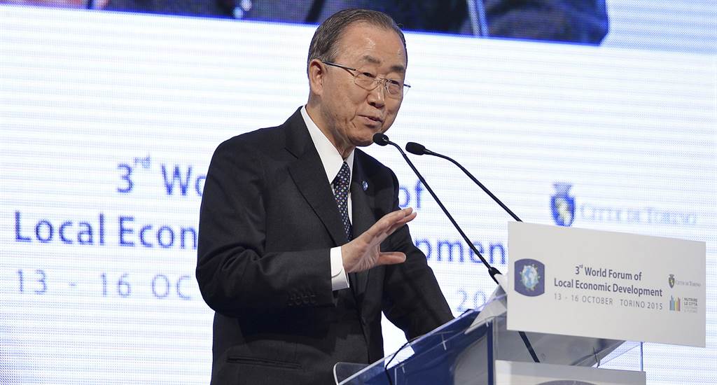 United Nations Secretary-General Ban Ki-moon speaks during the 3rd World Forum of Economic Development in Turin, Friday, Oct 16, 2015 (AP Photo/ Massimo Pinca)