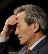 Chung Mong-joon pauses to answer questions during a news conference in Seoul, South Korea. (AP Photo/Ahn Young-joon)
