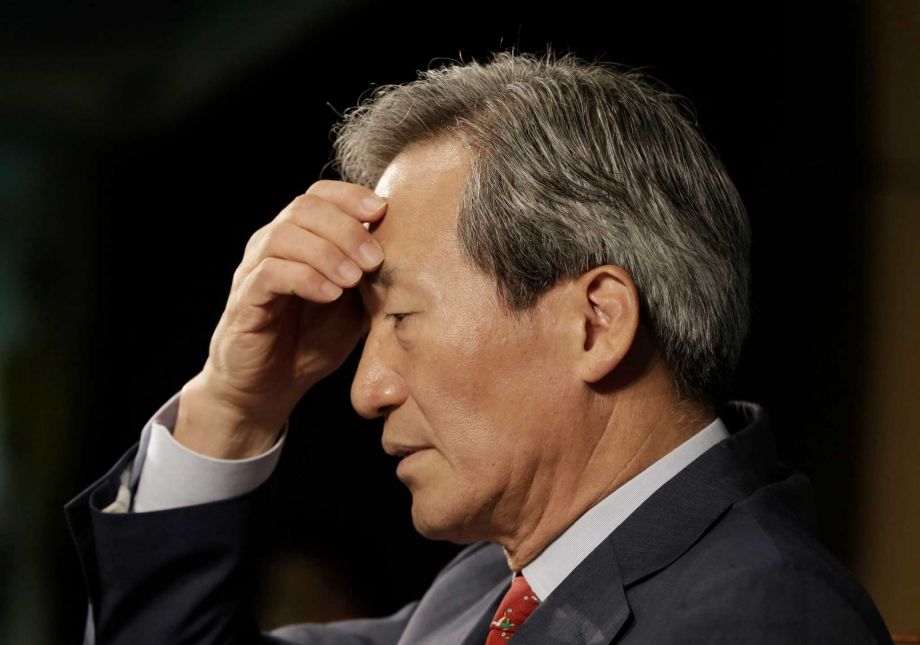 South Korean FIFA presidential candidate Chung Mong-joon pauses to answer questions during a news conference in Seoul, South Korea. (AP Photo/Ahn Young-joon)