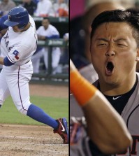 Texas Rangers outfielder Choo Shin-soo, left, and Houston Astros Catcher Hank Conger may have to duke it out in a single-game elimination game to decide to comes out on top in the American League West Division. (AP Photos)