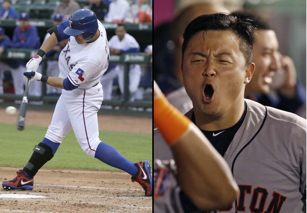 Texas Rangers outfielder Choo Shin-soo, left, and Houston Astros Catcher Hank Conger may have to duke it out in a single-game elimination game to decide to comes out on top in the American League West Division. (AP Photos)