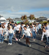 Koreans and Korean Americans calling for Google to return the naming of a disputed East Sea territory to Dokdo Island from Liancourt Rocks staged a flash mob at Pier 39 in San Francisco Saturday.