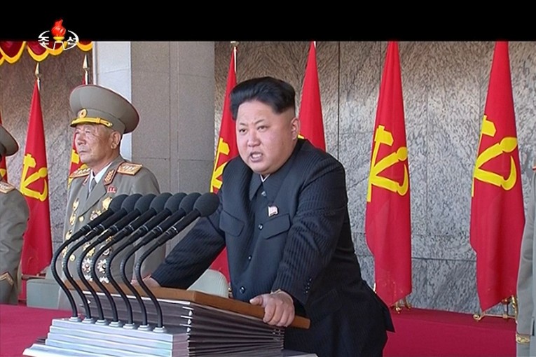 In this image made from video, North Korean leader Kim Jong Un delivers a speech during the ceremony to mark the 70th anniversary of the country's ruling party in Pyongyang, Saturday, Oct. 10, 2015. North Korean leader Kim Jong Un declared Saturday that his country was ready to stand up to any threat posed by the United States as he spoke at a lavish military parade to mark the 70th anniversary of the North's ruling party and trumpet his third-generation leadership. (KRT via AP Video)