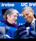 President Barack Obama, right, shares a laugh with UC President Janet Napolitano during UC Irvine's commencement ceremony at Angel Stadium in Anaheim, Calif. (AP Photo/The Orange County Register, Mindy Schauer)