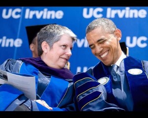 President Barack Obama, right, shares a laugh with UC President Janet Napolitano during UC Irvine's commencement ceremony at Angel Stadium in Anaheim, Calif. (AP Photo/The Orange County Register, Mindy Schauer)