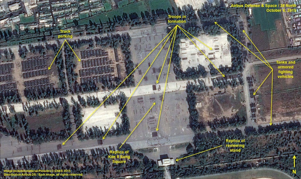 This image provided by the U.S.-Korea Institute at the Johns Hopkins School of Advanced International Studies via 38 North and via a satellite image from Centre National d’Études Spatiales, taken Oct. 6 shows military vehicles and troops mobilized at the North Korean capital Pyongyang for a major military parade marking the 70th anniversary of the nation’s ruling party. The website 38 North, which is associated with the U.S.-Korea Institute at Johns Hopkins School of Advanced International Studies, says about 700 trucks and 200 armored fighting and military vehicles have assembled at at a former air base in the east of the city, where military units have been practicing at a mock-up of the venue for the Oct. 10 parade and mass rally. (Centre National d’Études Spatiales/38 North/Johns Hopkins School of Advanced International Studies via AP)