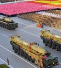 North Korea displays road-mobile intercontinental ballistic missiles, known as the KN-08, with round warheads during a military parade on Oct. 10, 2015, at Kim Il-sung Square in Pyongyang to mark the 70th anniversary of the founding of the ruling Workers' Party. (Yonhap)