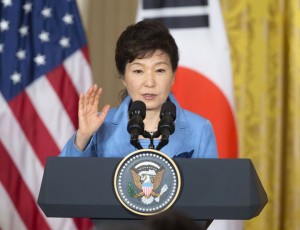 South Korean President Park Geun-hye answers questions during a joint news conference with President Barack Obama in the East Room of the White House in Washington, Friday, Oct. 16, 2015. (AP Photo/Pablo Martinez Monsivais)