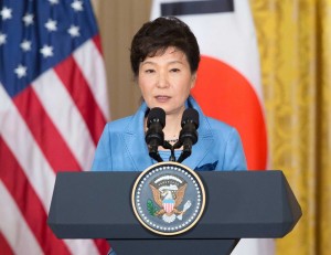 South Korean President Park Geun-hye speaks during a joint news conference with President Barack Obama in the East Room of the White House in Washington, Friday, Oct. 16, 2015. (AP Photo/Pablo Martinez Monsivais)