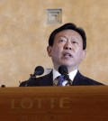 In this Tuesday, Aug. 11, 2015 file photo, Lotte group Chairman Shin Dong-bin issues a public apology at Lotte Hotel in Seoul, South Korea. When South Korean Chung Yu-suk read an article about retailer Lotte's chocolate ads featuring a Japanese figure skating star, he was so angered he started an online group urging Koreans to boycott their country's top retailer. Chung is one of a growing number of South Koreans vowing to punish Lotte after a family battle for control of the company spilled out in public and highlighted their deep links to Japan, Korea's former colonizer. (AP Photo/Lee Jin-man, File)