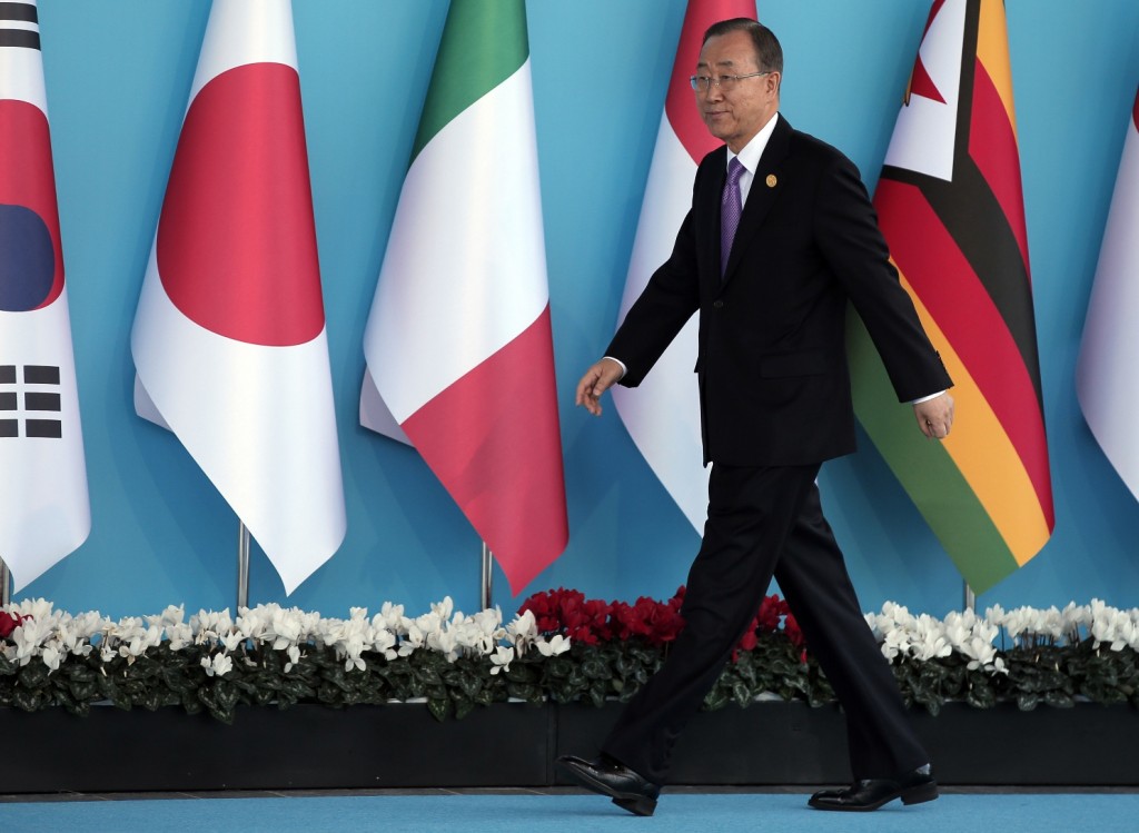 United Nations Secretary General Ban Ki-moon arrives for the G-20 summit in Antalya, Turkey, Sunday, Nov. 15, 2015. The 2015 G-20 Leaders Summit is held near the Turkish Mediterranean coastal city of Antalya on Nov. 15-16, 2015. (AP Photo/Lefteris Pitarakis)