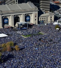 Thousands gather for a rally to celebrate the Kansas City Royals winning baseball's World Series at Union Station Tuesday, Nov. 3, 2015, in Kansas City, Mo. The Royals beat the New York Mets in five games to win the championship. (AP Photo/Reed Hoffmann)