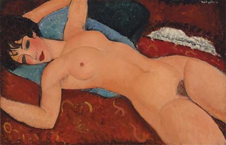 FILE - This undated image provided by Christie's shows the painting "Reclining Nude," created in 1917 to 1918 by Amedeo Modigliani, that caused a scandal nearly a century ago. The painting is going on the auction block and will be the highlight of Christie's Monday, Nov. 9, 2015, sale in New York. (Courtesy of Christie's Images via AP, File)