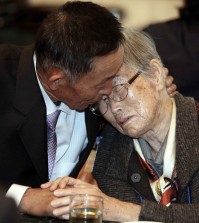 North Korean Han Son-il, left, hugs with his South Korean mother Lee Kum-seok to bid farewell after the Separated Family Reunion Meeting at Diamond Mountain resort in North Korea, Monday, Oct. 26, 2015. Parents and children, brothers and sisters and other relatives separated by the Korean war wept and hugged each other as they parted after their brief reunions, most for the first time in more than six decades. (Kim Do-hoon/Yonhap)