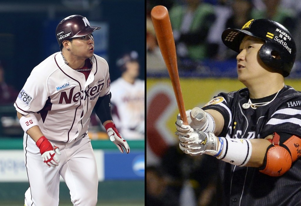 South Korean baseball players Park Byung-ho, left, and Lee Dae-ho are hoping to strike a deal with Major League Baseball teams for a contract to play in the U.S. (Yonhap)