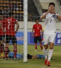 Son Heung-min celebrates after scoring S.Korea's third goal. (Yonhap)