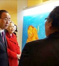 United Nations Secretary-General Ban Ki-moon and his wife, Yoo Soon-taek, visit an exhibition by Korean artist Kim Geun-tae inside U.N. headquarters Thursday for International Day of Persons with Disabilities. (Yonhap)