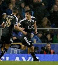 Leicester City's Shanji Okazaki of Japan, right, celebrates after scoring a goal during the English Premier League soccer match at Goodison Park, Liverpool, England, Saturday Dec.19, 2015. (Peter Byrnev / PA via AP)