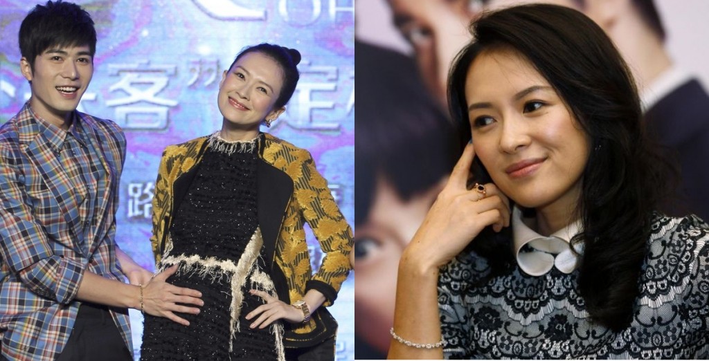 In this Aug. 4, 2015 photo, Chinese actor Chen Xuedong, left, touches the tummy of actress and co-producer Zhang Ziyi during a press conference of their new movie "Oh My God" in Beijing. Zhang, who gained international fame for her role in "Crouching Tiger, Hidden Dragon," posted a photo of a baby's hand online Monday, Dec. 28, 2015, to announce the arrival of her daughter. (Chinatopix via AP)   