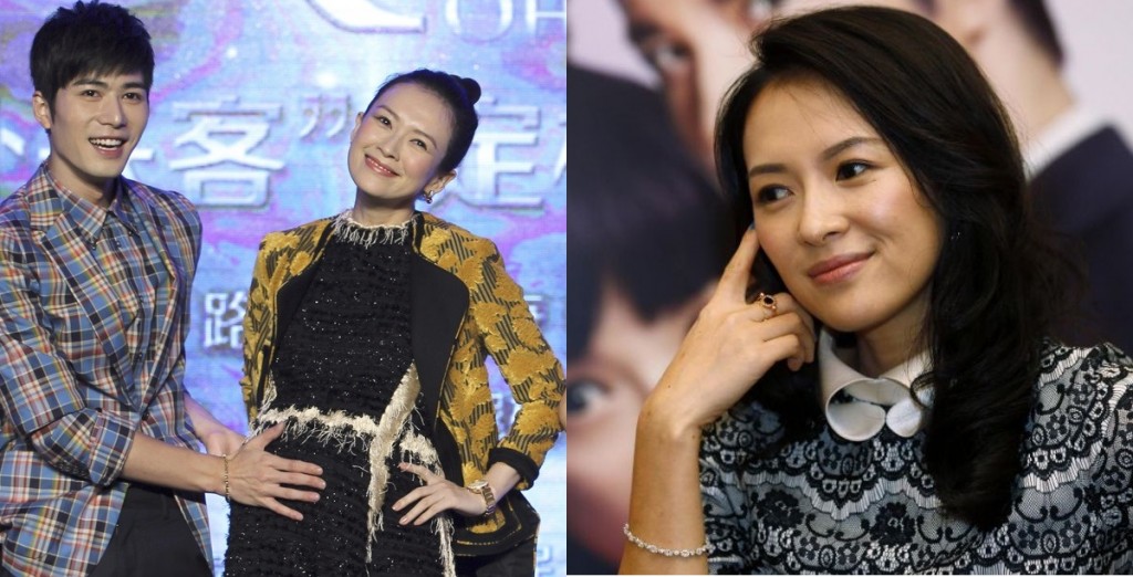 In this Aug. 4, 2015 photo, Chinese actor Chen Xuedong, left, touches the tummy of actress and co-producer Zhang Ziyi during a press conference of their new movie "Oh My God" in Beijing. Zhang, who gained international fame for her role in "Crouching Tiger, Hidden Dragon," posted a photo of a baby's hand online Monday, Dec. 28, 2015, to announce the arrival of her daughter. (Chinatopix via AP)